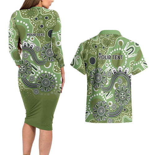 Personalised NAIDOC Week 50 Years Deadly Always Couples Matching Long Sleeve Bodycon Dress and Hawaiian Shirt Green Aboriginal Artwork Dot Painting