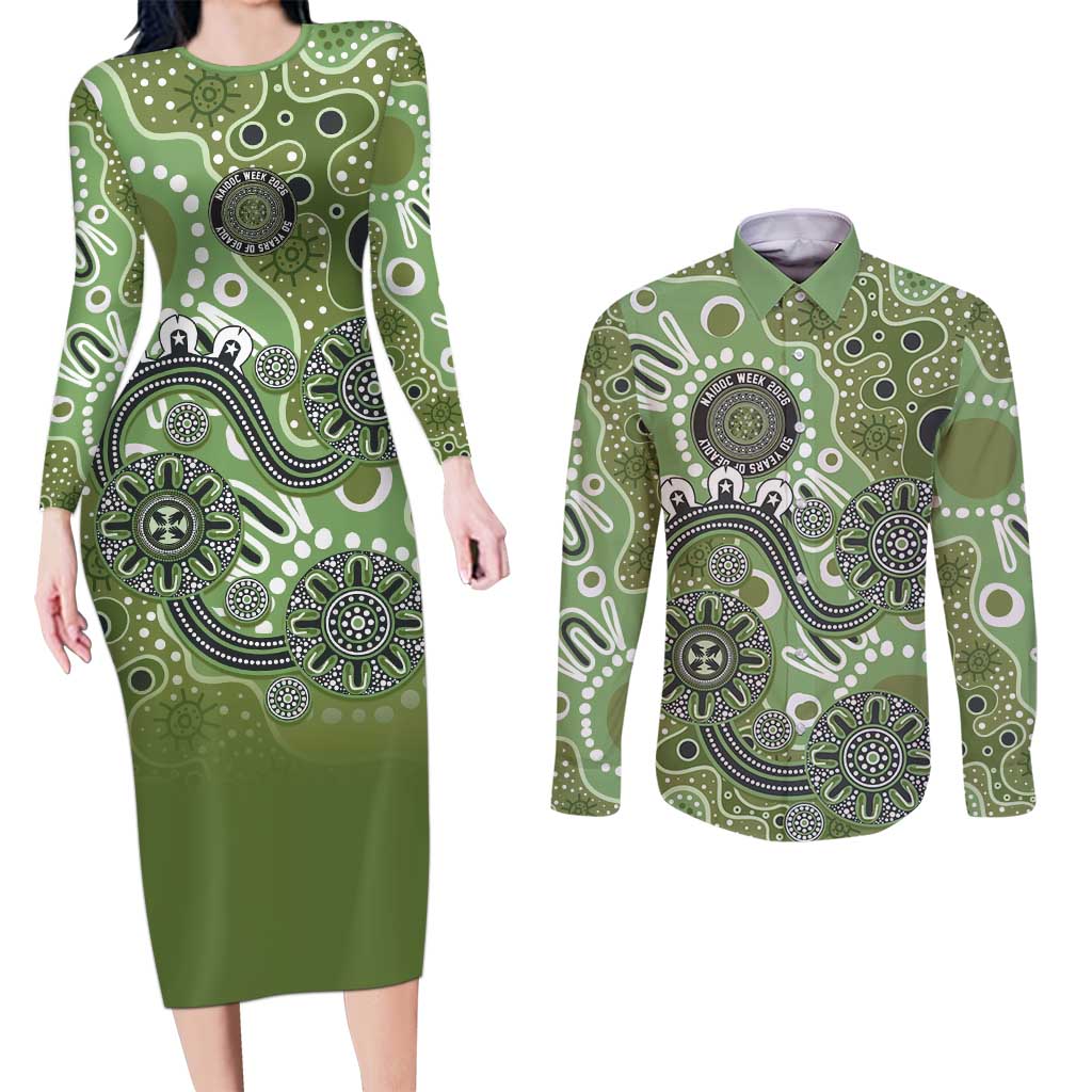 Personalised NAIDOC Week 50 Years Deadly Always Couples Matching Long Sleeve Bodycon Dress and Long Sleeve Button Shirt Green Aboriginal Artwork Dot Painting