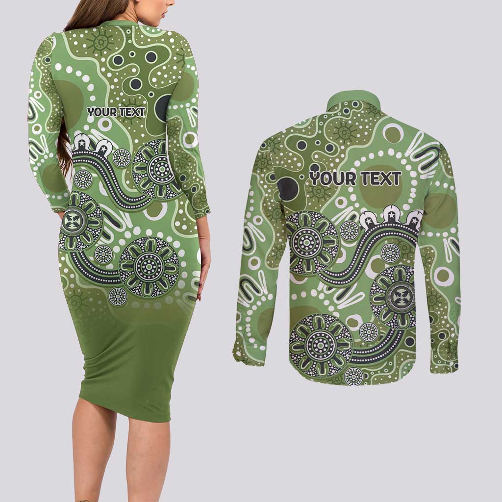 Personalised NAIDOC Week 50 Years Deadly Always Couples Matching Long Sleeve Bodycon Dress and Long Sleeve Button Shirt Green Aboriginal Artwork Dot Painting