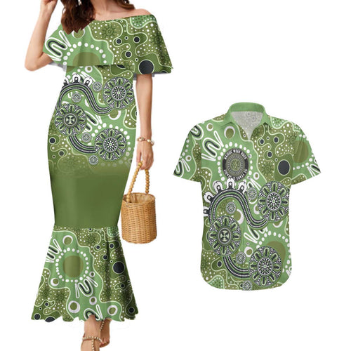Personalised NAIDOC Week 50 Years Deadly Always Couples Matching Mermaid Dress and Hawaiian Shirt Green Aboriginal Artwork Dot Painting