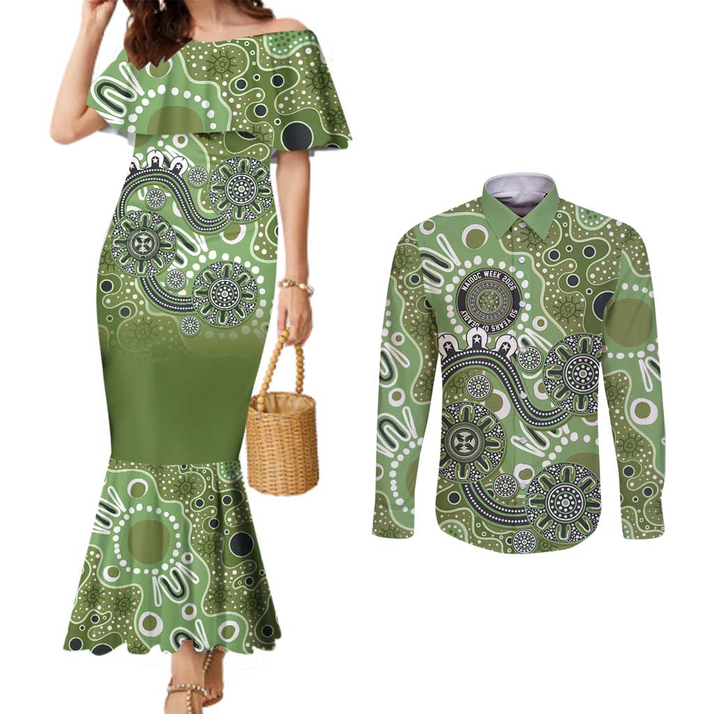 Personalised NAIDOC Week 50 Years Deadly Always Couples Matching Mermaid Dress and Long Sleeve Button Shirt Green Aboriginal Artwork Dot Painting