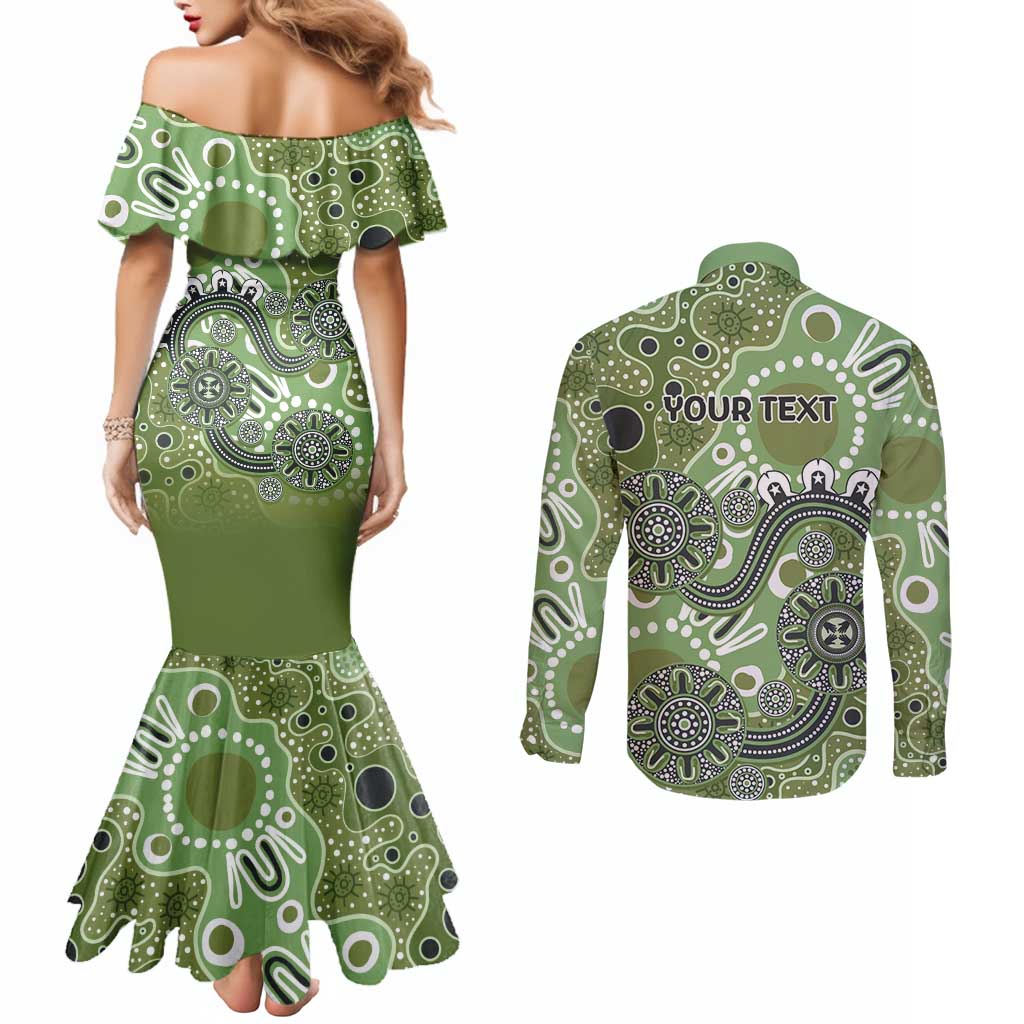 Personalised NAIDOC Week 50 Years Deadly Always Couples Matching Mermaid Dress and Long Sleeve Button Shirt Green Aboriginal Artwork Dot Painting