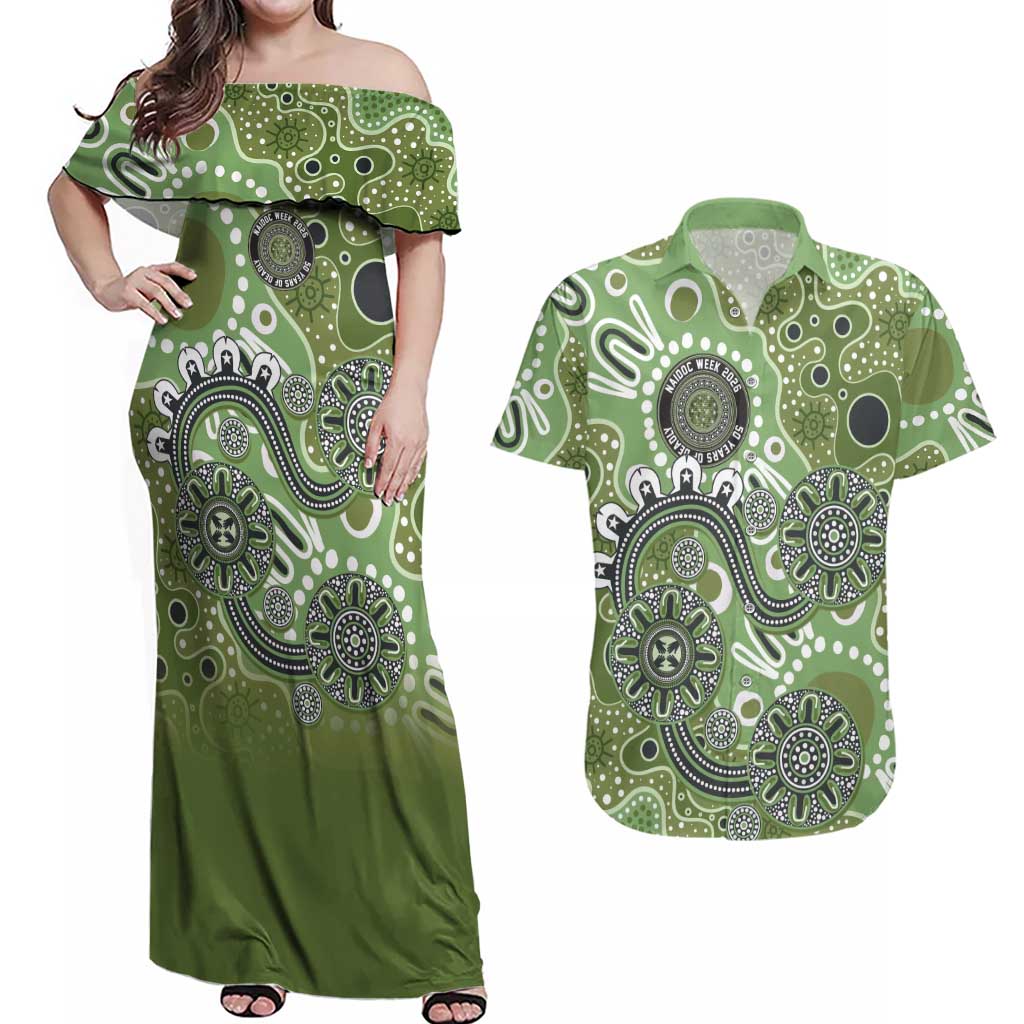 Personalised NAIDOC Week 50 Years Deadly Always Couples Matching Off Shoulder Maxi Dress and Hawaiian Shirt Green Aboriginal Artwork Dot Painting