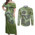 Personalised NAIDOC Week 50 Years Deadly Always Couples Matching Off Shoulder Maxi Dress and Long Sleeve Button Shirt Green Aboriginal Artwork Dot Painting