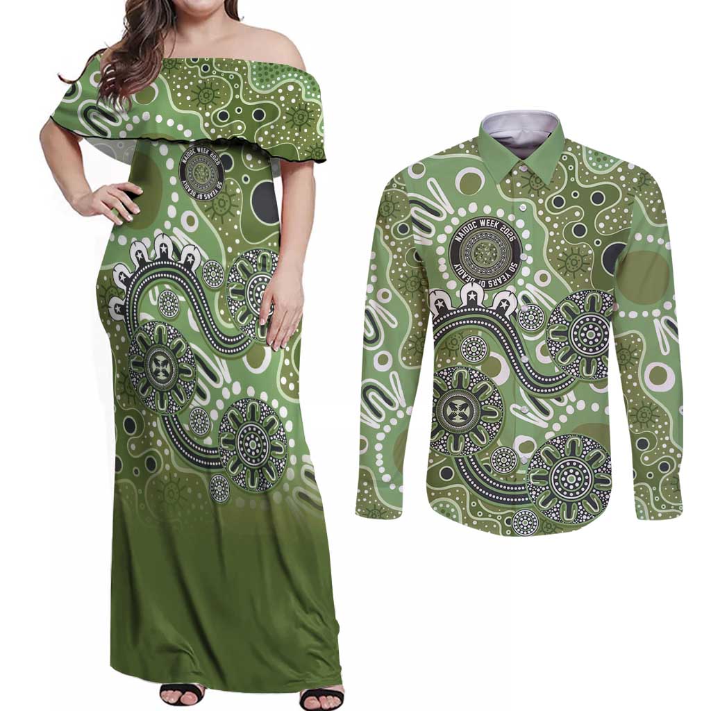 Personalised NAIDOC Week 50 Years Deadly Always Couples Matching Off Shoulder Maxi Dress and Long Sleeve Button Shirt Green Aboriginal Artwork Dot Painting