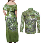 Personalised NAIDOC Week 50 Years Deadly Always Couples Matching Off Shoulder Maxi Dress and Long Sleeve Button Shirt Green Aboriginal Artwork Dot Painting