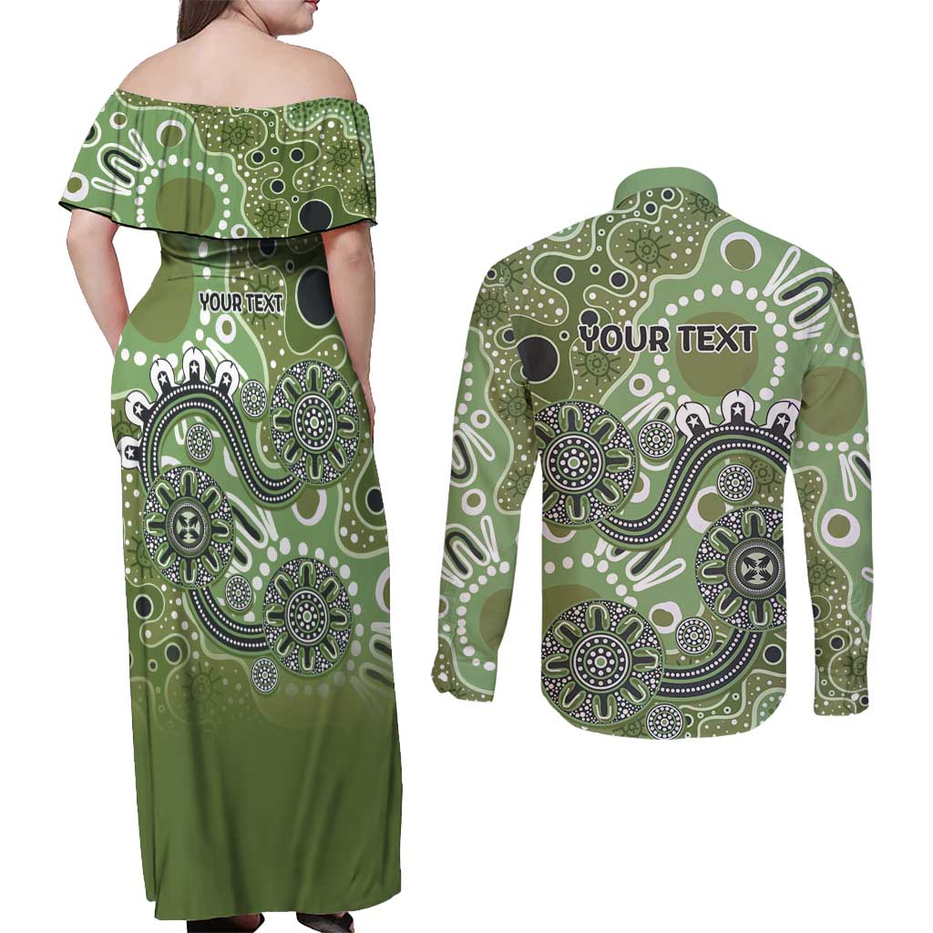 Personalised NAIDOC Week 50 Years Deadly Always Couples Matching Off Shoulder Maxi Dress and Long Sleeve Button Shirt Green Aboriginal Artwork Dot Painting