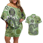 Personalised NAIDOC Week 50 Years Deadly Always Couples Matching Off Shoulder Short Dress and Hawaiian Shirt Green Aboriginal Artwork Dot Painting