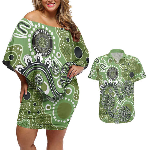 Personalised NAIDOC Week 50 Years Deadly Always Couples Matching Off Shoulder Short Dress and Hawaiian Shirt Green Aboriginal Artwork Dot Painting