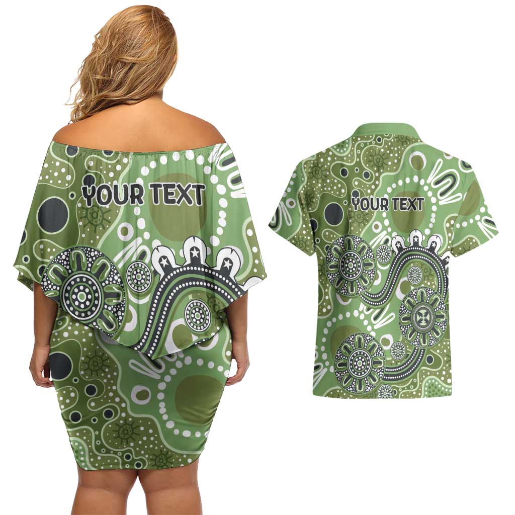 Personalised NAIDOC Week 50 Years Deadly Always Couples Matching Off Shoulder Short Dress and Hawaiian Shirt Green Aboriginal Artwork Dot Painting