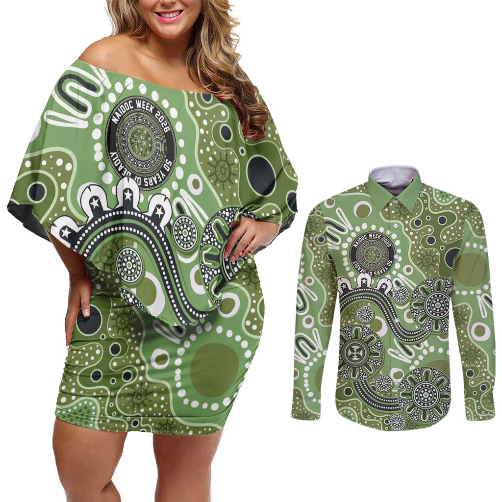 Personalised NAIDOC Week 50 Years Deadly Always Couples Matching Off Shoulder Short Dress and Long Sleeve Button Shirt Green Aboriginal Artwork Dot Painting