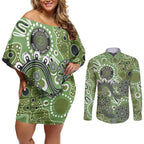 Personalised NAIDOC Week 50 Years Deadly Always Couples Matching Off Shoulder Short Dress and Long Sleeve Button Shirt Green Aboriginal Artwork Dot Painting