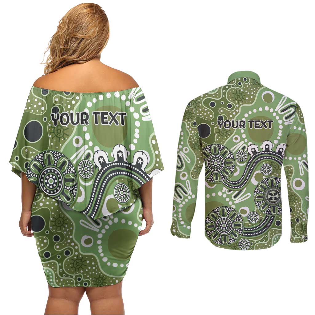 Personalised NAIDOC Week 50 Years Deadly Always Couples Matching Off Shoulder Short Dress and Long Sleeve Button Shirt Green Aboriginal Artwork Dot Painting