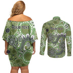 Personalised NAIDOC Week 50 Years Deadly Always Couples Matching Off Shoulder Short Dress and Long Sleeve Button Shirt Green Aboriginal Artwork Dot Painting