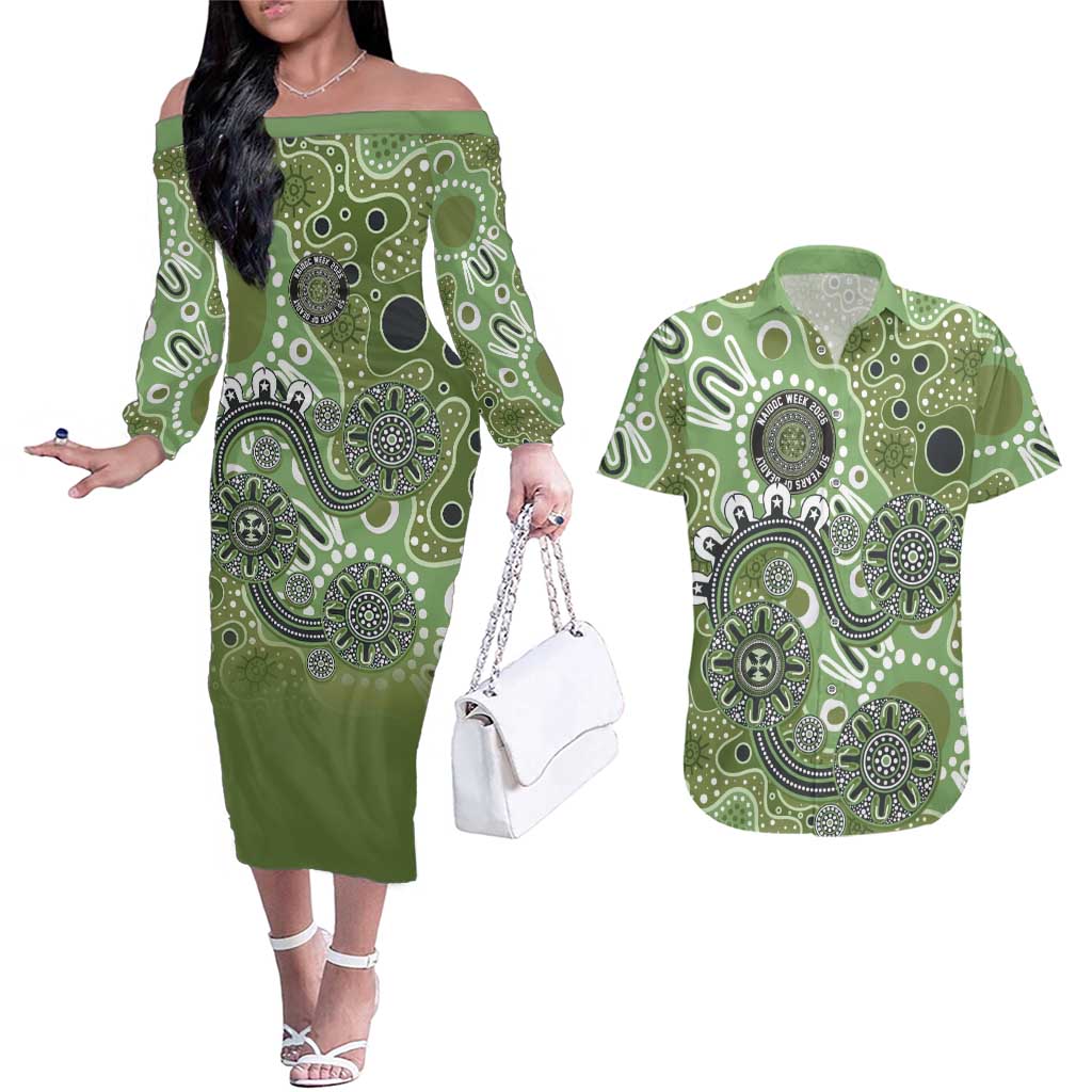 Personalised NAIDOC Week 50 Years Deadly Always Couples Matching Off The Shoulder Long Sleeve Dress and Hawaiian Shirt Green Aboriginal Artwork Dot Painting