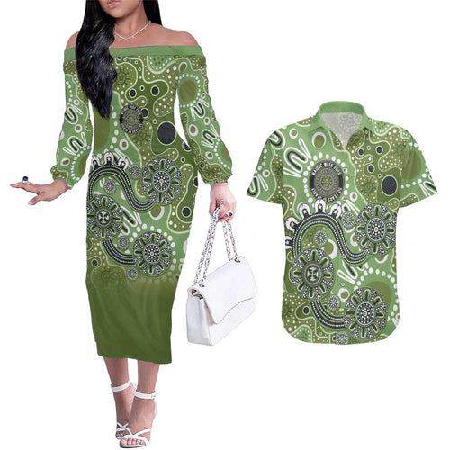 Personalised NAIDOC Week 50 Years Deadly Always Couples Matching Off The Shoulder Long Sleeve Dress and Hawaiian Shirt Green Aboriginal Artwork Dot Painting