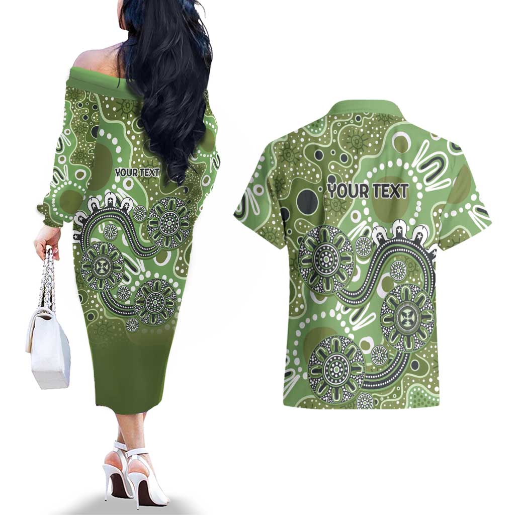 Personalised NAIDOC Week 50 Years Deadly Always Couples Matching Off The Shoulder Long Sleeve Dress and Hawaiian Shirt Green Aboriginal Artwork Dot Painting
