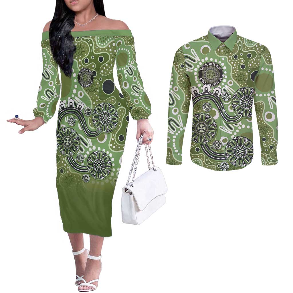 Personalised NAIDOC Week 50 Years Deadly Always Couples Matching Off The Shoulder Long Sleeve Dress and Long Sleeve Button Shirt Green Aboriginal Artwork Dot Painting