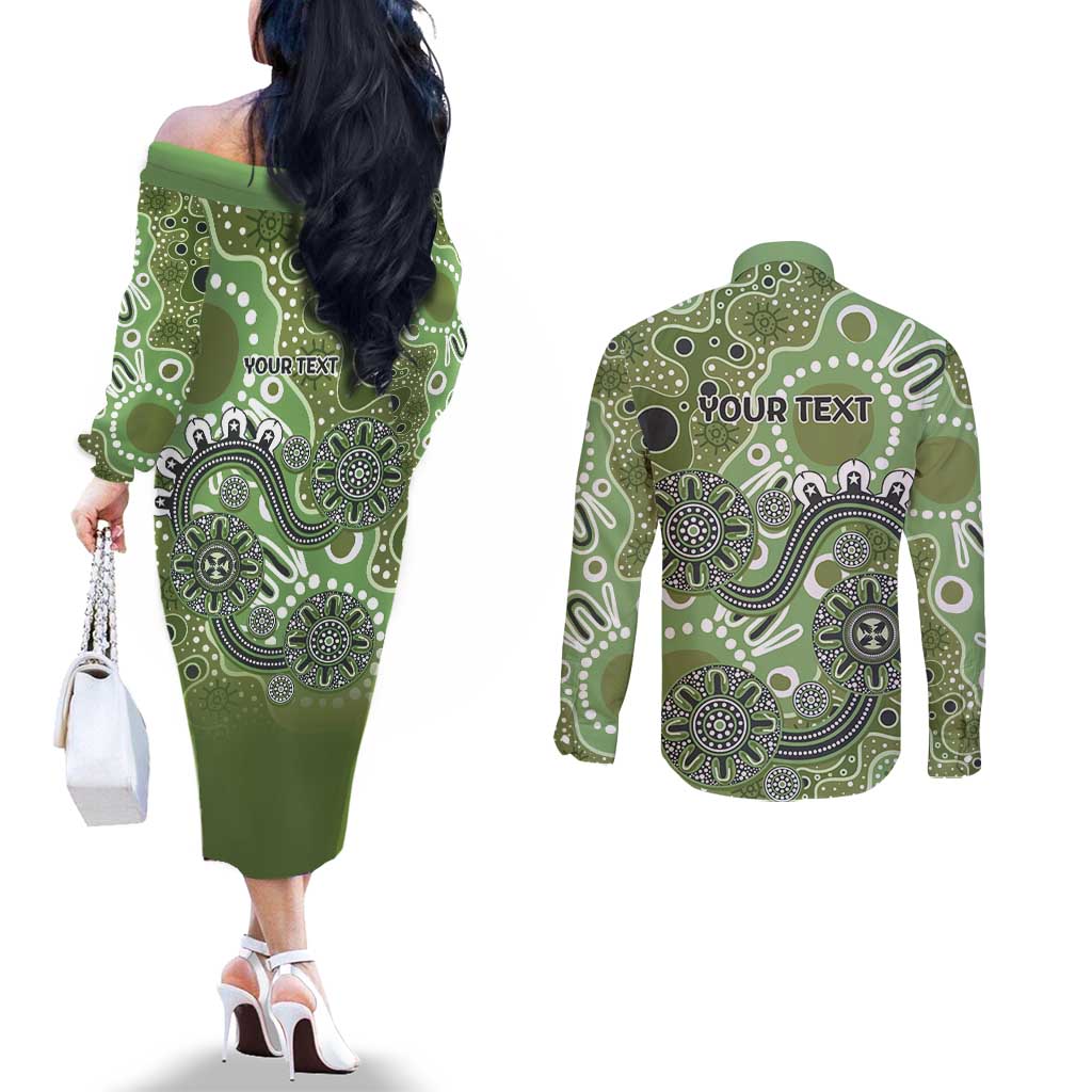 Personalised NAIDOC Week 50 Years Deadly Always Couples Matching Off The Shoulder Long Sleeve Dress and Long Sleeve Button Shirt Green Aboriginal Artwork Dot Painting