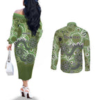 Personalised NAIDOC Week 50 Years Deadly Always Couples Matching Off The Shoulder Long Sleeve Dress and Long Sleeve Button Shirt Green Aboriginal Artwork Dot Painting