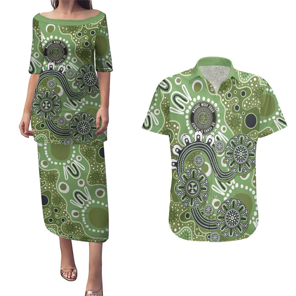 Personalised NAIDOC Week 50 Years Deadly Always Couples Matching Puletasi and Hawaiian Shirt Green Aboriginal Artwork Dot Painting