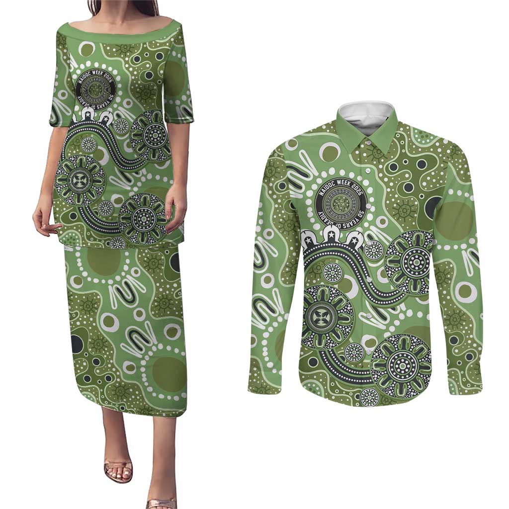 Personalised NAIDOC Week 50 Years Deadly Always Couples Matching Puletasi and Long Sleeve Button Shirt Green Aboriginal Artwork Dot Painting