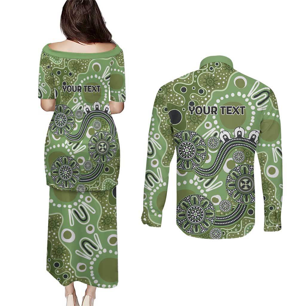 Personalised NAIDOC Week 50 Years Deadly Always Couples Matching Puletasi and Long Sleeve Button Shirt Green Aboriginal Artwork Dot Painting