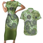 Personalised NAIDOC Week 50 Years Deadly Always Couples Matching Short Sleeve Bodycon Dress and Hawaiian Shirt Green Aboriginal Artwork Dot Painting