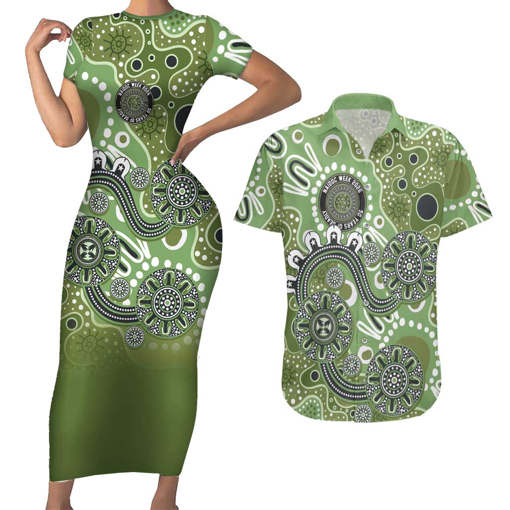 Personalised NAIDOC Week 50 Years Deadly Always Couples Matching Short Sleeve Bodycon Dress and Hawaiian Shirt Green Aboriginal Artwork Dot Painting