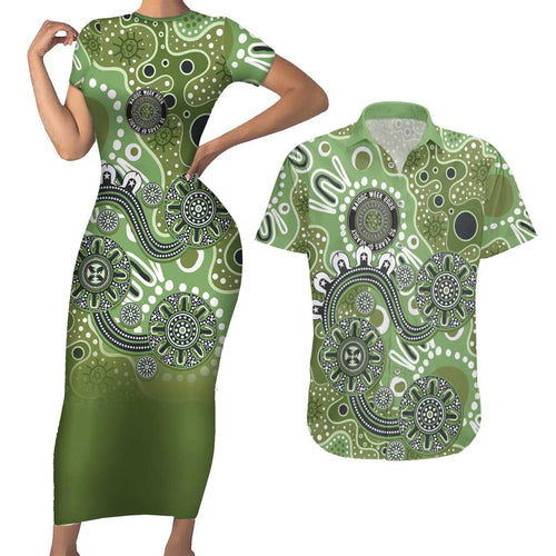 Personalised NAIDOC Week 50 Years Deadly Always Couples Matching Short Sleeve Bodycon Dress and Hawaiian Shirt Green Aboriginal Artwork Dot Painting