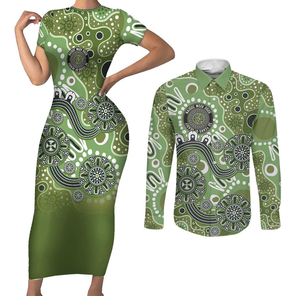 Personalised NAIDOC Week 50 Years Deadly Always Couples Matching Short Sleeve Bodycon Dress and Long Sleeve Button Shirt Green Aboriginal Artwork Dot Painting