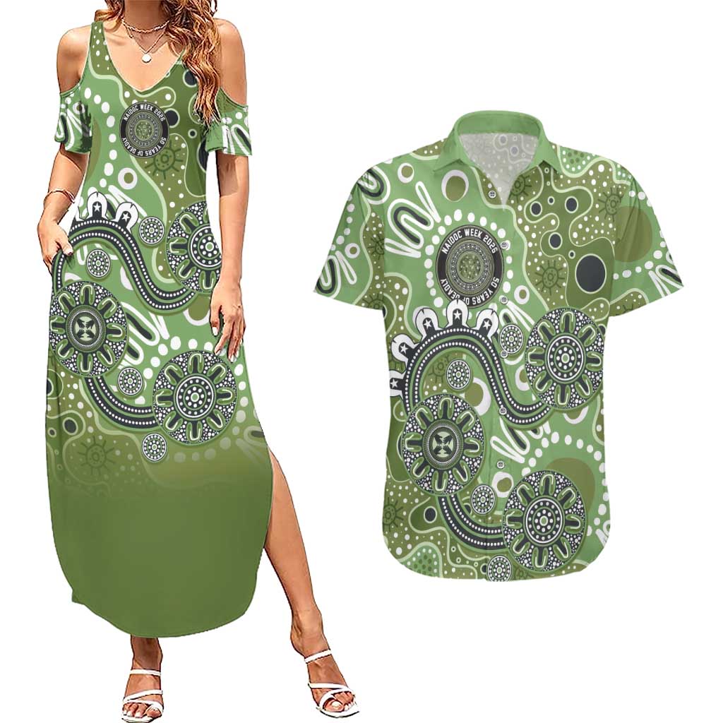 Personalised NAIDOC Week 50 Years Deadly Always Couples Matching Summer Maxi Dress and Hawaiian Shirt Green Aboriginal Artwork Dot Painting