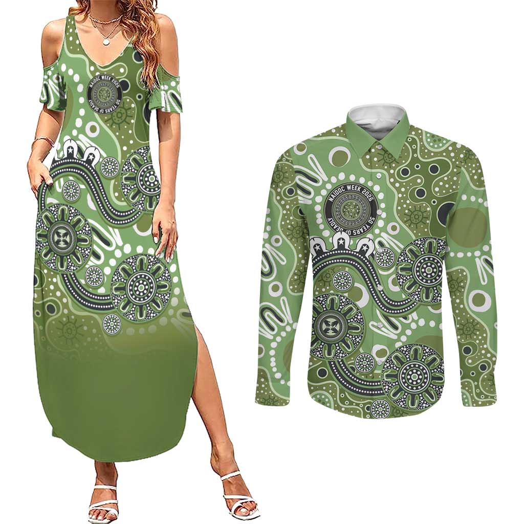 Personalised NAIDOC Week 50 Years Deadly Always Couples Matching Summer Maxi Dress and Long Sleeve Button Shirt Green Aboriginal Artwork Dot Painting