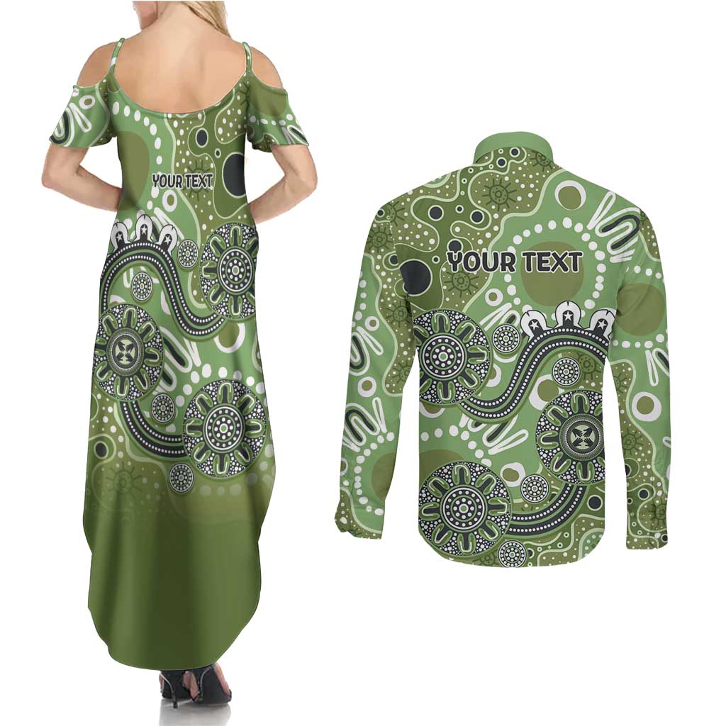 Personalised NAIDOC Week 50 Years Deadly Always Couples Matching Summer Maxi Dress and Long Sleeve Button Shirt Green Aboriginal Artwork Dot Painting