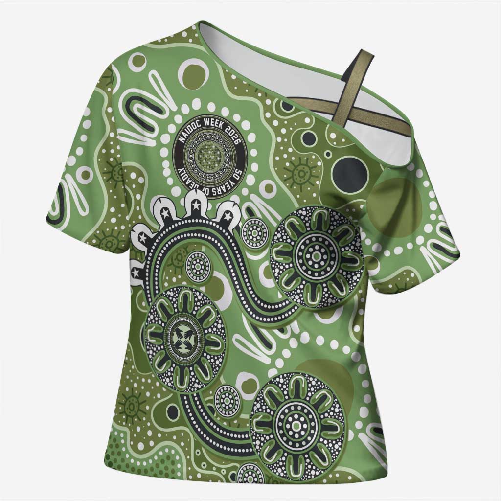 Personalised NAIDOC Week 50 Years Deadly Always Cross Shoulder Shirt Green Aboriginal Artwork Dot Painting