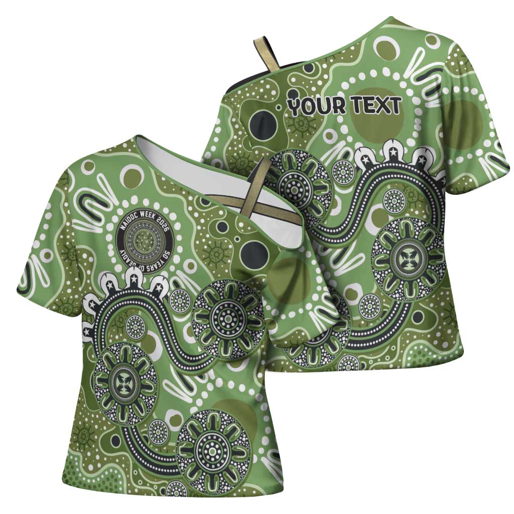 Personalised NAIDOC Week 50 Years Deadly Always Cross Shoulder Shirt Green Aboriginal Artwork Dot Painting