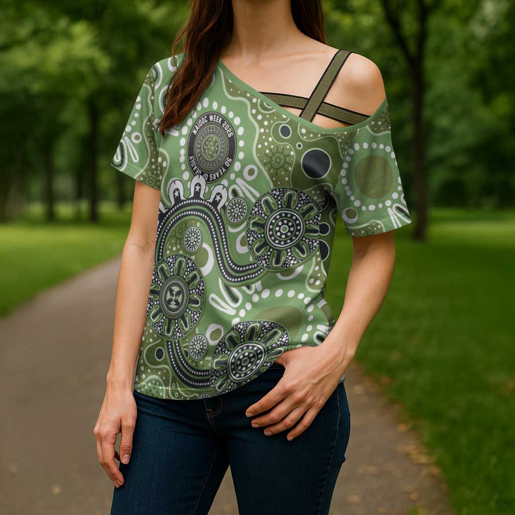 Personalised NAIDOC Week 50 Years Deadly Always Cross Shoulder Shirt Green Aboriginal Artwork Dot Painting