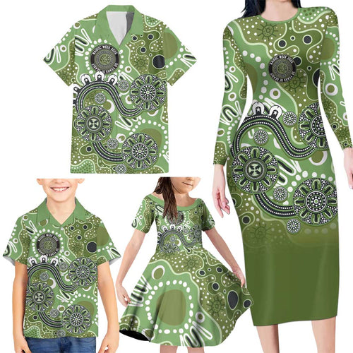 Personalised NAIDOC Week 50 Years Deadly Always Family Matching Long Sleeve Bodycon Dress and Hawaiian Shirt Green Aboriginal Artwork Dot Painting