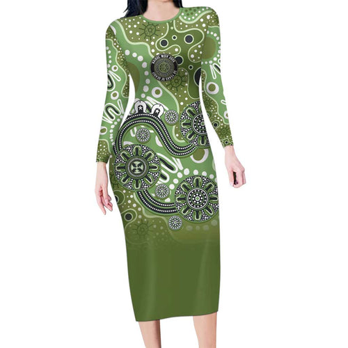 Personalised NAIDOC Week 50 Years Deadly Always Family Matching Long Sleeve Bodycon Dress and Hawaiian Shirt Green Aboriginal Artwork Dot Painting