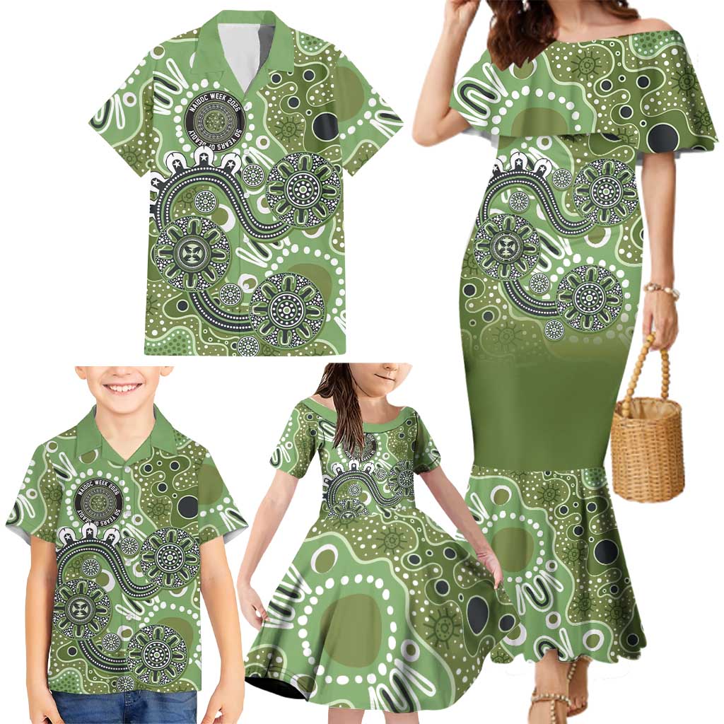 Personalised NAIDOC Week 50 Years Deadly Always Family Matching Mermaid Dress and Hawaiian Shirt Green Aboriginal Artwork Dot Painting