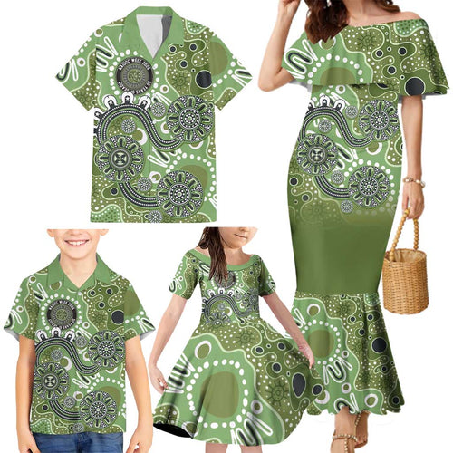 Personalised NAIDOC Week 50 Years Deadly Always Family Matching Mermaid Dress and Hawaiian Shirt Green Aboriginal Artwork Dot Painting