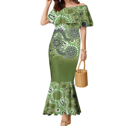 Personalised NAIDOC Week 50 Years Deadly Always Family Matching Mermaid Dress and Hawaiian Shirt Green Aboriginal Artwork Dot Painting