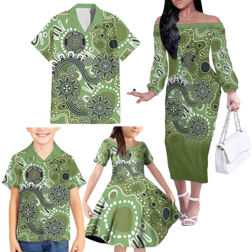 Personalised NAIDOC Week 50 Years Deadly Always Family Matching Off The Shoulder Long Sleeve Dress and Hawaiian Shirt Green Aboriginal Artwork Dot Painting