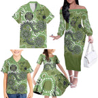 Personalised NAIDOC Week 50 Years Deadly Always Family Matching Off The Shoulder Long Sleeve Dress and Hawaiian Shirt Green Aboriginal Artwork Dot Painting