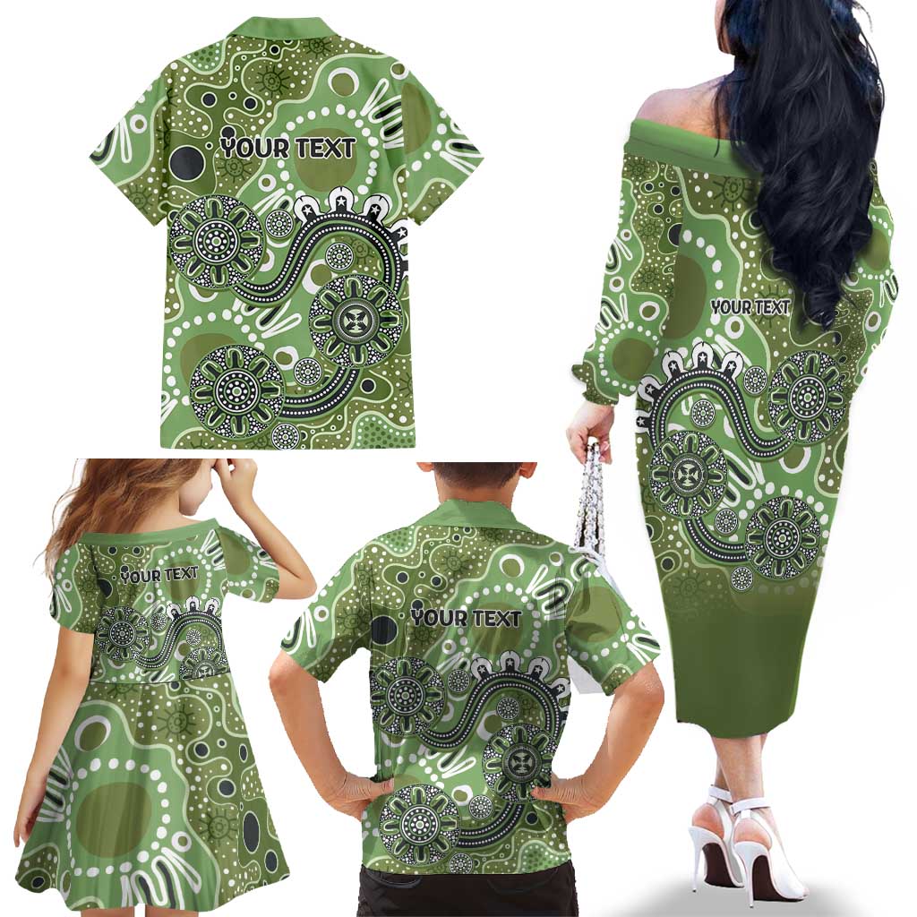 Personalised NAIDOC Week 50 Years Deadly Always Family Matching Off The Shoulder Long Sleeve Dress and Hawaiian Shirt Green Aboriginal Artwork Dot Painting