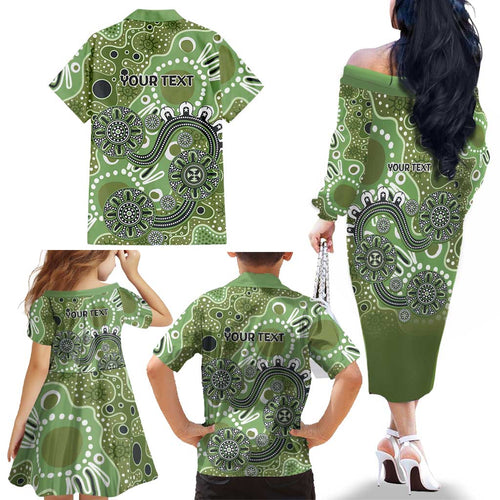 Personalised NAIDOC Week 50 Years Deadly Always Family Matching Off The Shoulder Long Sleeve Dress and Hawaiian Shirt Green Aboriginal Artwork Dot Painting