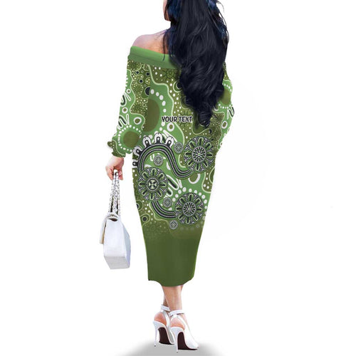 Personalised NAIDOC Week 50 Years Deadly Always Family Matching Off The Shoulder Long Sleeve Dress and Hawaiian Shirt Green Aboriginal Artwork Dot Painting