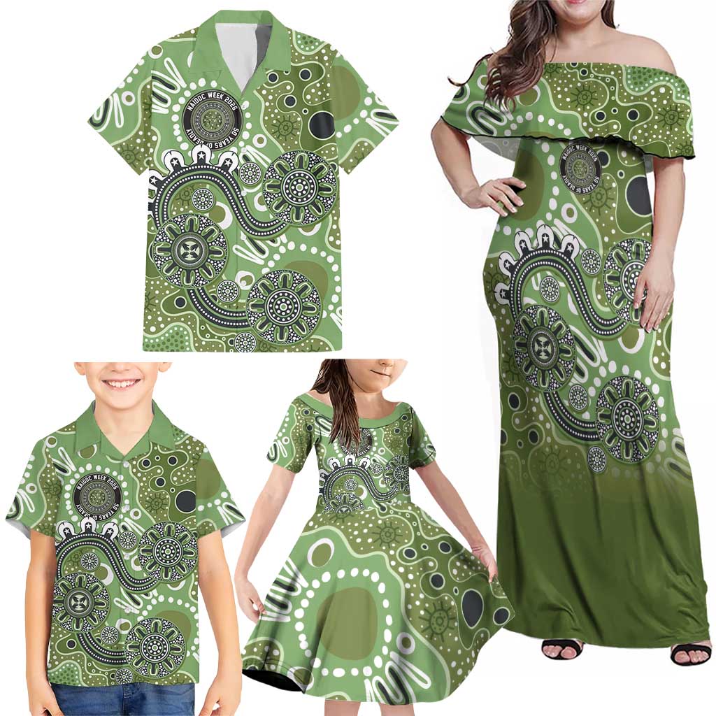 Personalised NAIDOC Week 50 Years Deadly Always Family Matching Off Shoulder Maxi Dress and Hawaiian Shirt Green Aboriginal Artwork Dot Painting