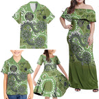 Personalised NAIDOC Week 50 Years Deadly Always Family Matching Off Shoulder Maxi Dress and Hawaiian Shirt Green Aboriginal Artwork Dot Painting