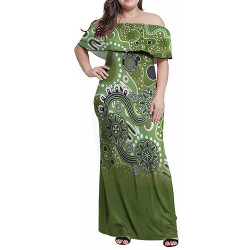 Personalised NAIDOC Week 50 Years Deadly Always Family Matching Off Shoulder Maxi Dress and Hawaiian Shirt Green Aboriginal Artwork Dot Painting